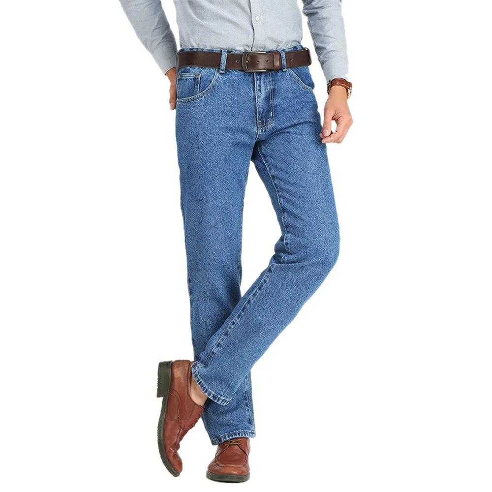Homens de negócios jeans clássico primavera outono masculino algodão em linha reta estiramento marca denim calças verão macacão fino ajuste 2021