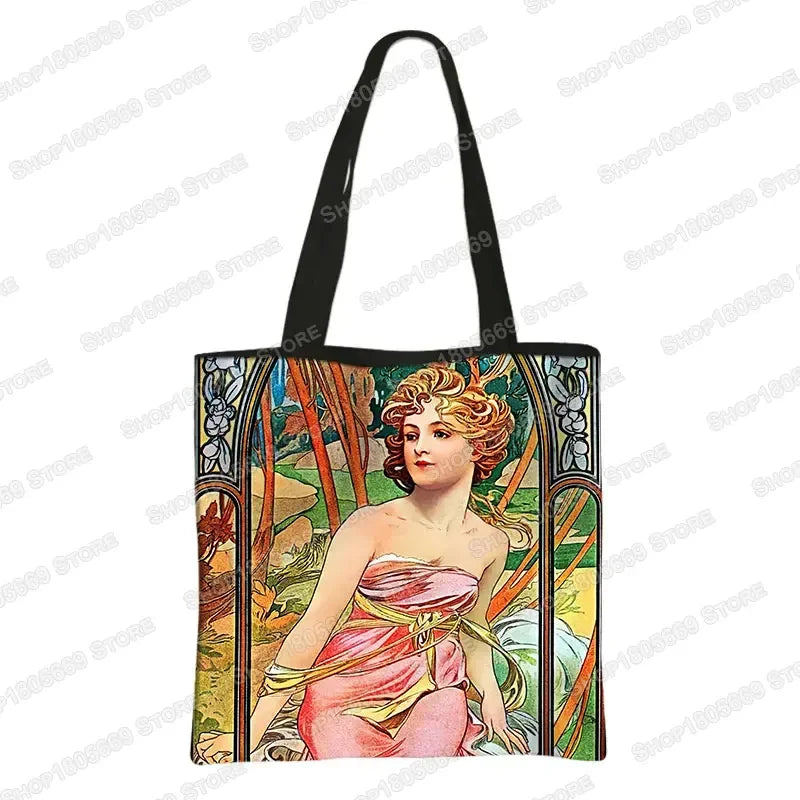 Alphonse Beauty Print Bolsa para Mulheres, Sacos De Compras De Armazenamento Reutilizável, Totes Casuais, Pintura A Óleo, Elegante Senhoras Tote