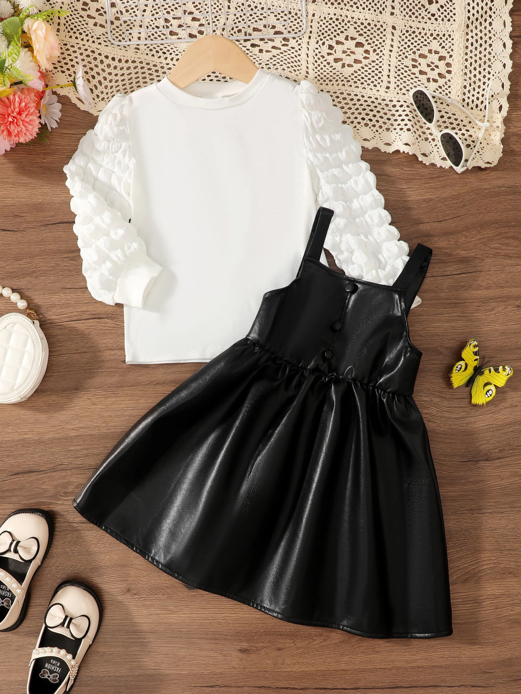 Conjunto de 2 peças para crianças e meninas, gola redonda, top branco + alça preta, saia de couro, roupas de festa para meninas de 4 a 7 anos