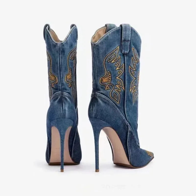 Moda feminina europeia e americana salto alto apontado ocidental denim bordado linha joelho manga alta botas de strass
