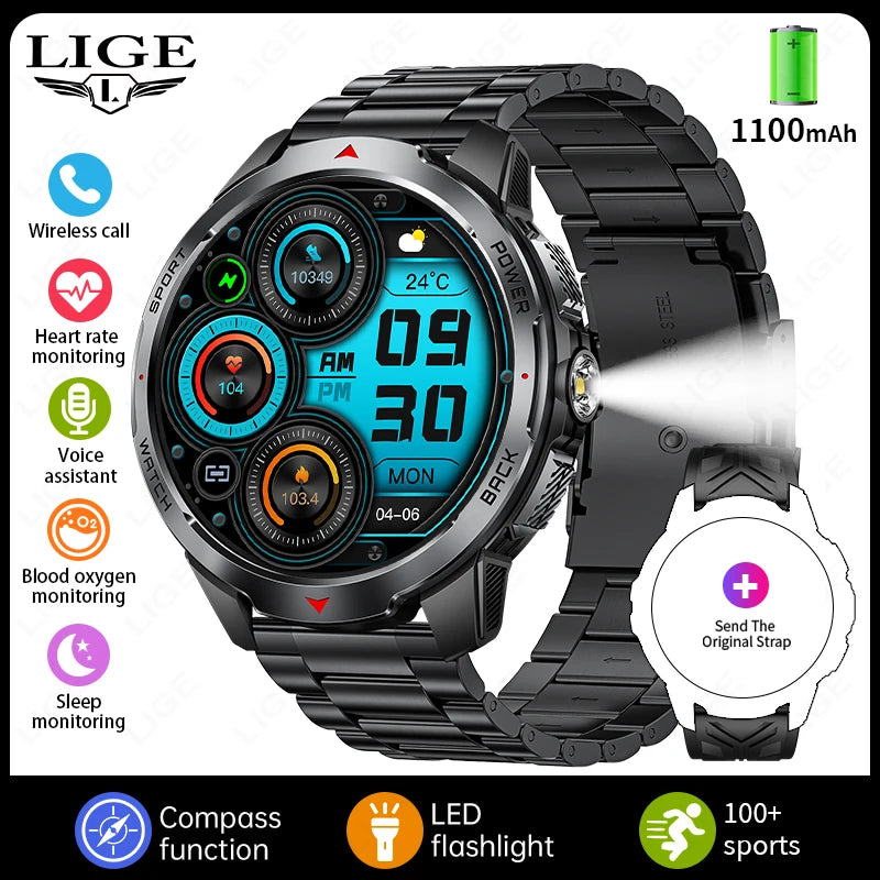 Relógios Inteligentes LIGE Novos com Bateria de 1100mAh para Homens, Esportes ao Ar Livre, Lanterna LED, Bússola, Relógio Inteligente Masculino com Chamada Bluetooth