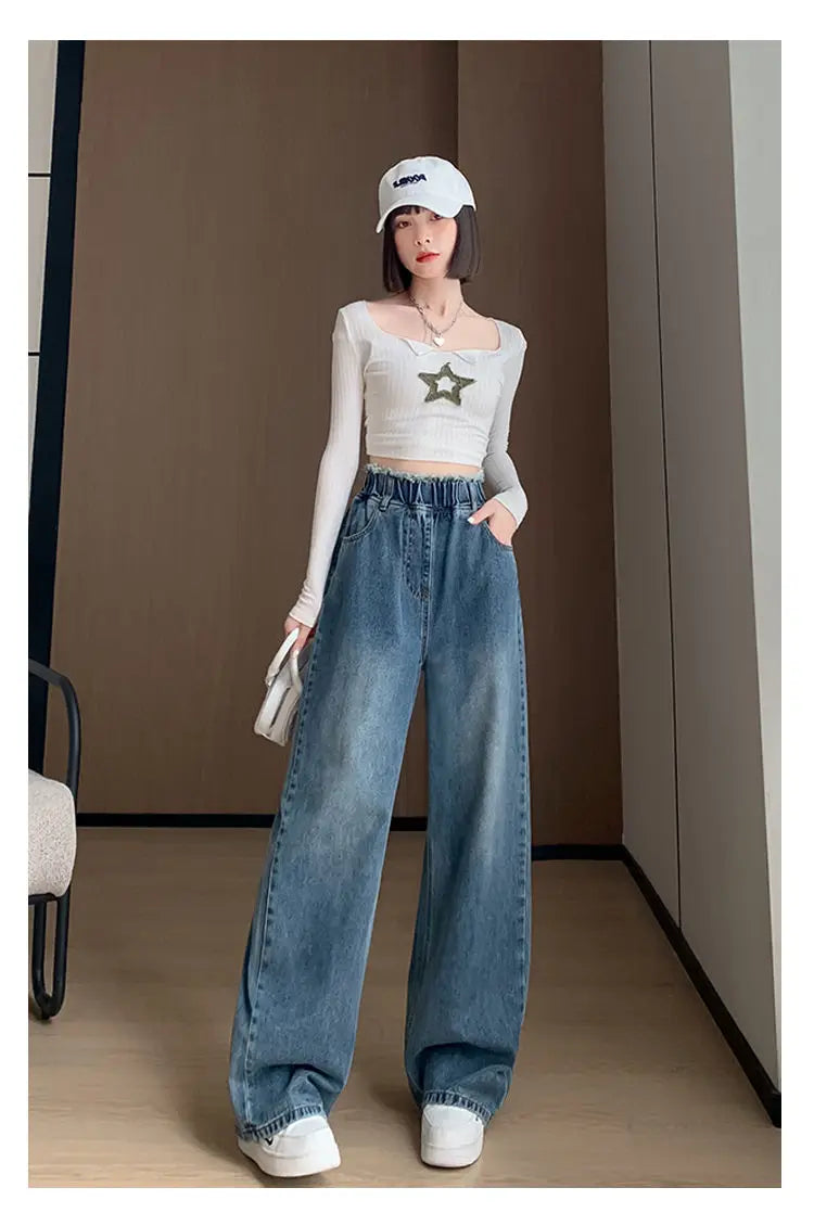 Calças jeans de tamanho grande femininas trilha reta perna larga solta cintura alta fina renda borla calças superiores