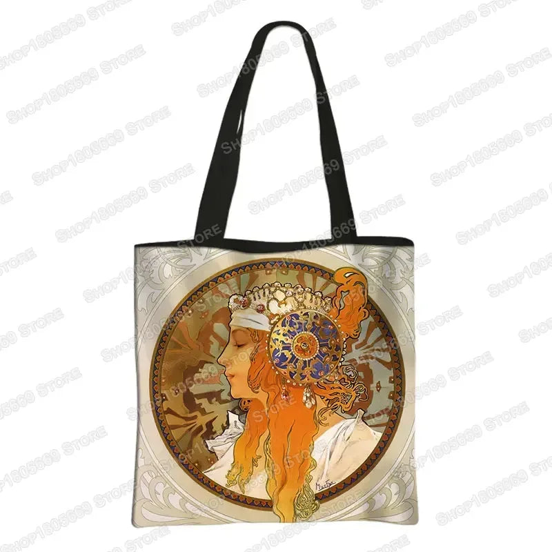 Alphonse Beauty Print Bolsa para Mulheres, Sacos De Compras De Armazenamento Reutilizável, Totes Casuais, Pintura A Óleo, Elegante Senhoras Tote