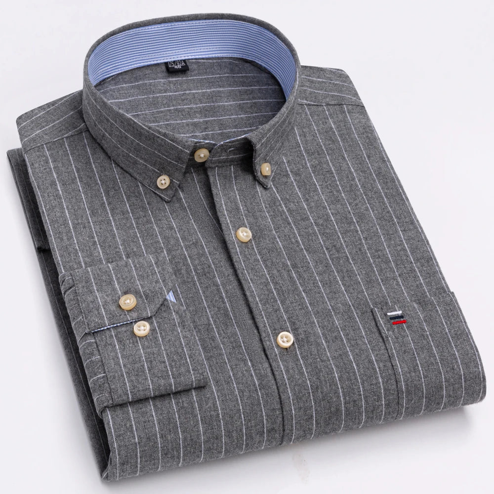 Camisas de vestido de algodão com design de gola de lapela listrada xadrez na moda masculina, camisa casual de manga comprida com botões para primavera/outono