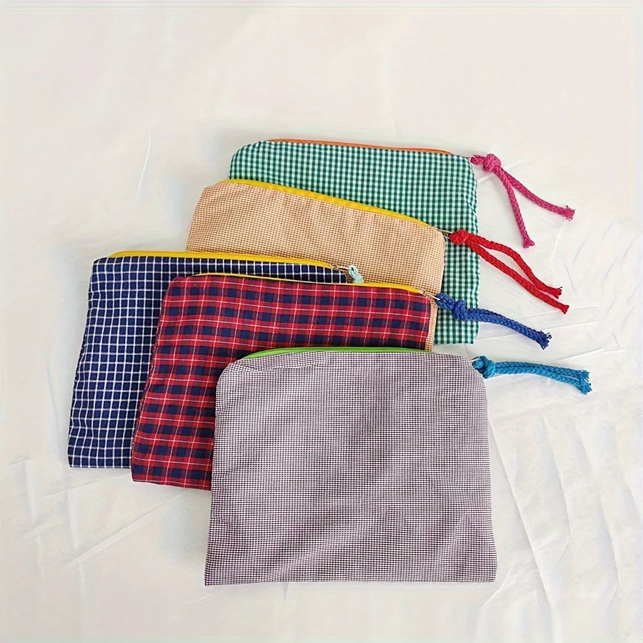 Venda quente feminino xadrez saco de maquiagem grande capacidade algodão zíper bolsa bolsa de viagem saco de maquiagem portátil simples bolsa saco de cosméticos