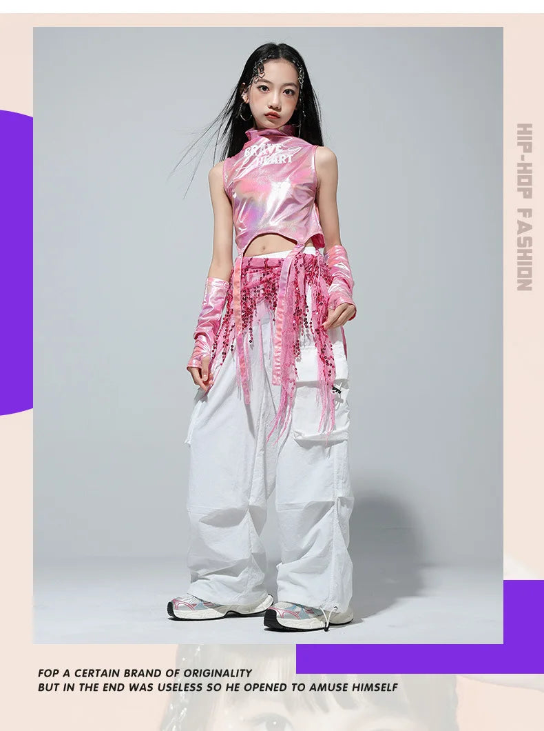 Meninas k-pop brilhante colheita superior calças de carga shorts de dança de rua crianças hip hop jazz conjuntos de roupas crianças streetwear menina grupo traje