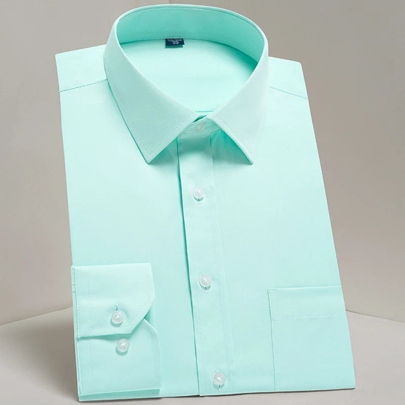 Camisas sociais masculinas clássicas de manga comprida, ajuste padrão, formal, negócios, social, simples, design básico, branco, trabalho, escritório, camisa casual
