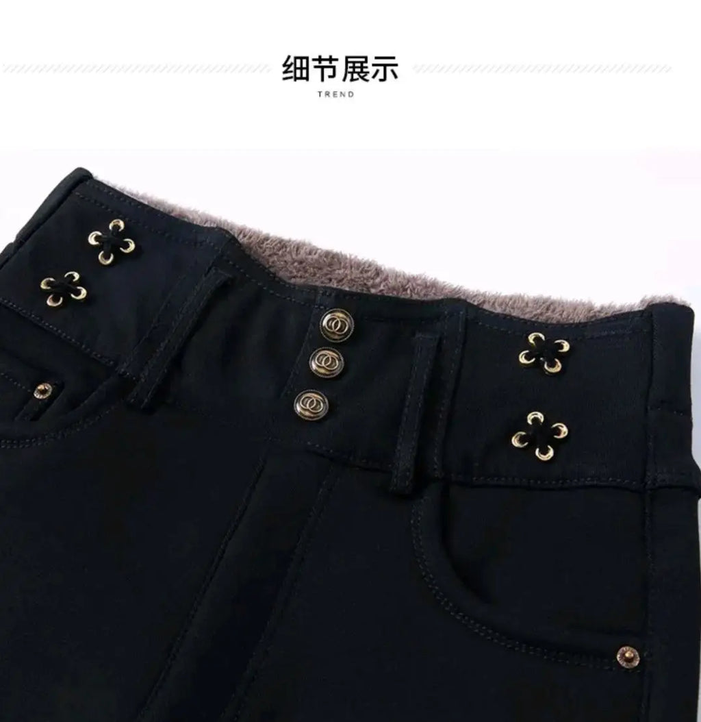 Jeans coreano elástico de cintura alta com pelúcia ártica, zíper de botão monocromático, calça lápis reta preta, moda fina, outono e inverno, nova