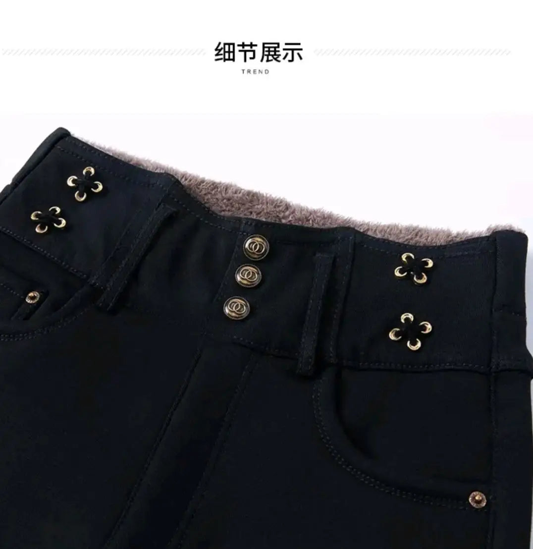 Jeans coreano elástico de cintura alta com pelúcia ártica, zíper de botão monocromático, calça lápis reta preta, moda fina, outono e inverno, nova