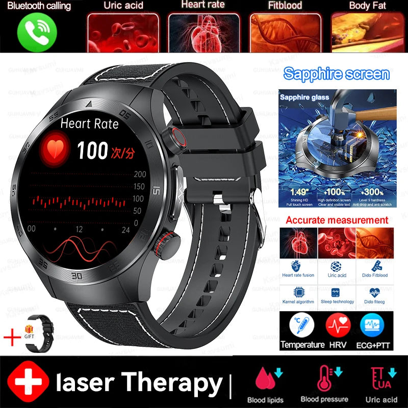 2025 novo tratamento a laser corpo e coração relógio inteligente masculino ecg + ppg ácido úrico gordura no sangue bluetooth chamada rastreador de saúde relógios inteligentes
