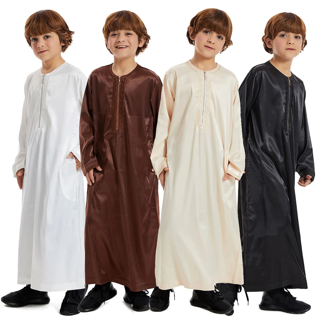 Crianças muçulmanas Abaya Ramadan Jubba Prayer Thobe, vestido longo islâmico para crianças, vestido com o pescoço para meninos, Kaftan Dubai e árabe