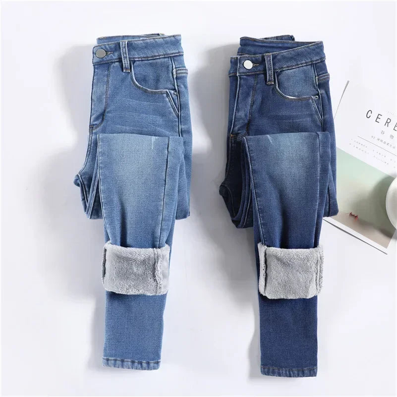 Inverno senhora térmica quente jeans de pelúcia magro estiramento jeans senhora fino ajuste lápis calças meninas perna reta denim