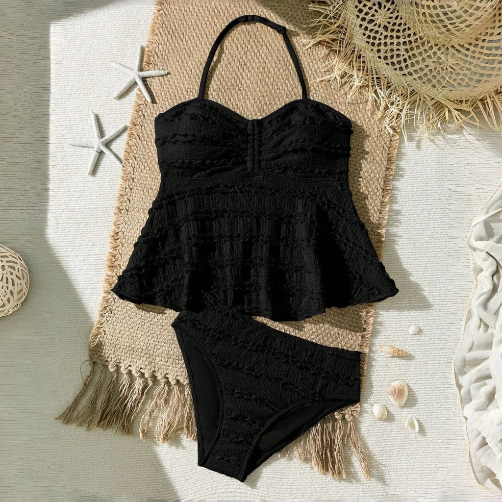 Conjunto de biquíni preto e branco para meninas, 2 peças, roupa de banho de cor sólida para crianças, meninas, verão, férias na praia