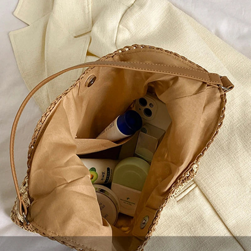 Bolsa de ombro de palha tecida feminina popular bolsa de tamanho médio com alça para férias na praia