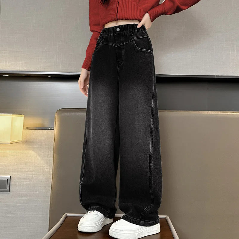 Crianças casuais solto em linha reta ajuste jeans para meninas perna larga legal calças jeans crianças adolescente primavera cintura elástica calças jeans