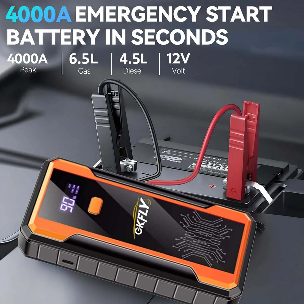 Gkfly 4000a carro ir para iniciantes banco de potência portátil 2000a impulsionador de bateria de carro 12v dispositivo de partida auxiliar para gasolina diesel