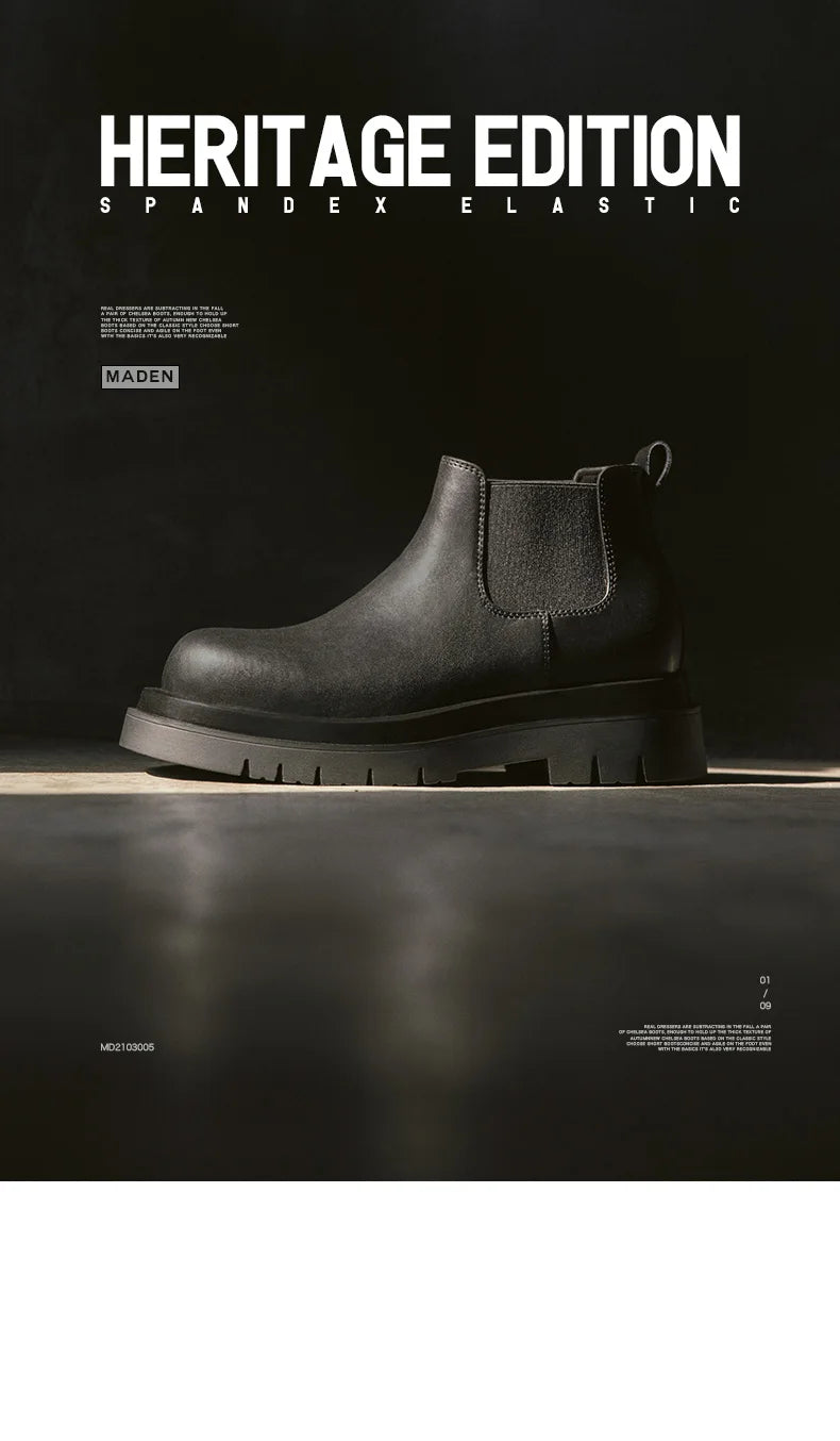 Botas Chelsea Vintage Masculinas Maden, Estilo Britânico, Botas Altas Pretas com Bico Redondo, Calçados Clássicos para Outono e Inverno