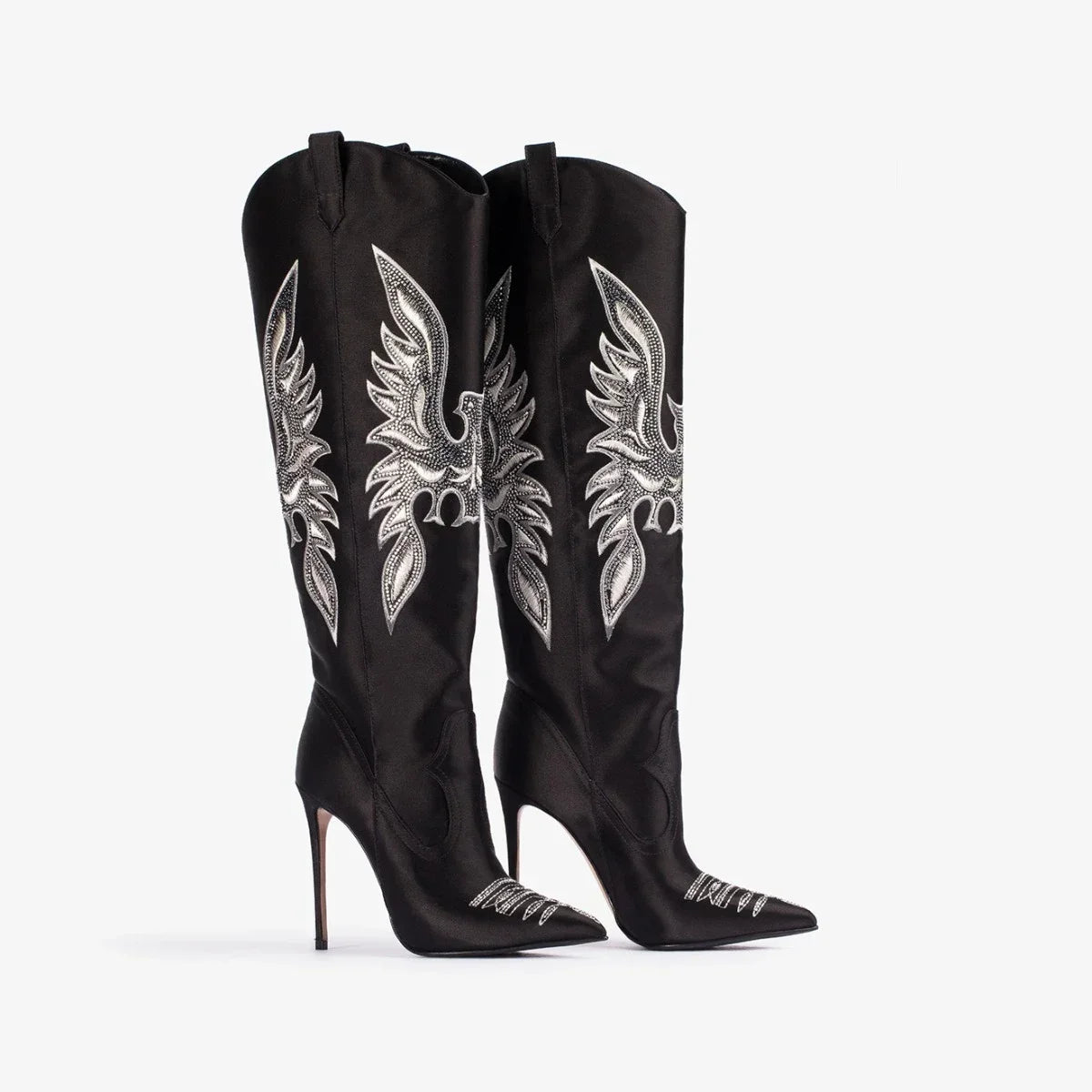 Moda feminina europeia e americana salto alto apontado ocidental denim bordado linha joelho manga alta botas de strass