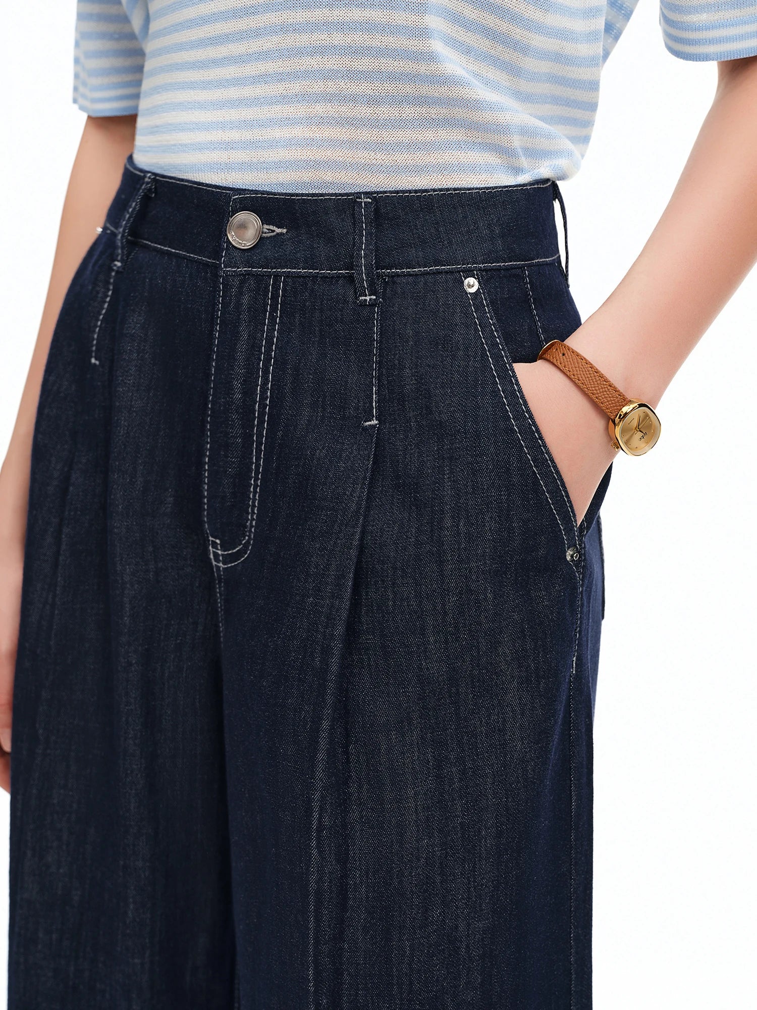 DUSHU 2026 Calça Jeans Feminina de Cintura Alta com Costura Contrastante e Perna Reta - Calça Casual para Uso Diário e Deslocamento