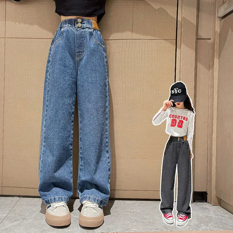 Jeans casuais soltos para meninas, calças longas retas para a escola, perna larga, para crianças de 5 a 14 anos, outono