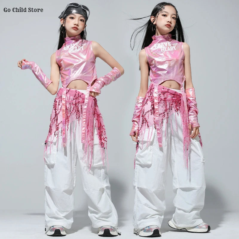 Meninas k-pop brilhante colheita superior calças de carga shorts de dança de rua crianças hip hop jazz conjuntos de roupas crianças streetwear menina grupo traje