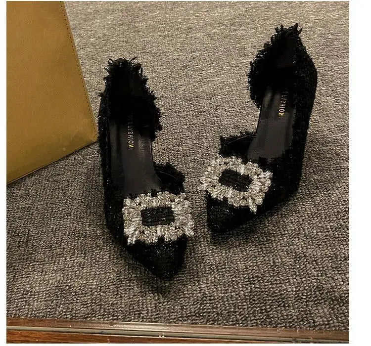 Salto estilete para mulheres, sandálias de strass, botão quadrado, sapatos de casamento, moda feminina, branco, 2024