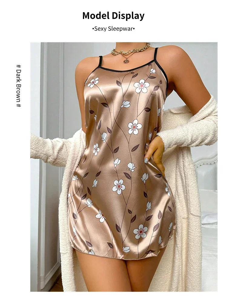 Pijamas femininos verão floral impressão cetim camisola casual sem mangas sem costas deslizamento noite vestido sexy camisola roupas de casa