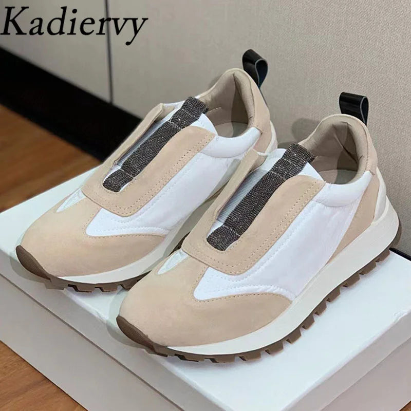 Sapatos casuais mulher dedo do pé redondo corrente corda grânulo conforto tênis de corrida senhoras camurça vaca retalhos rendas até tênis planos