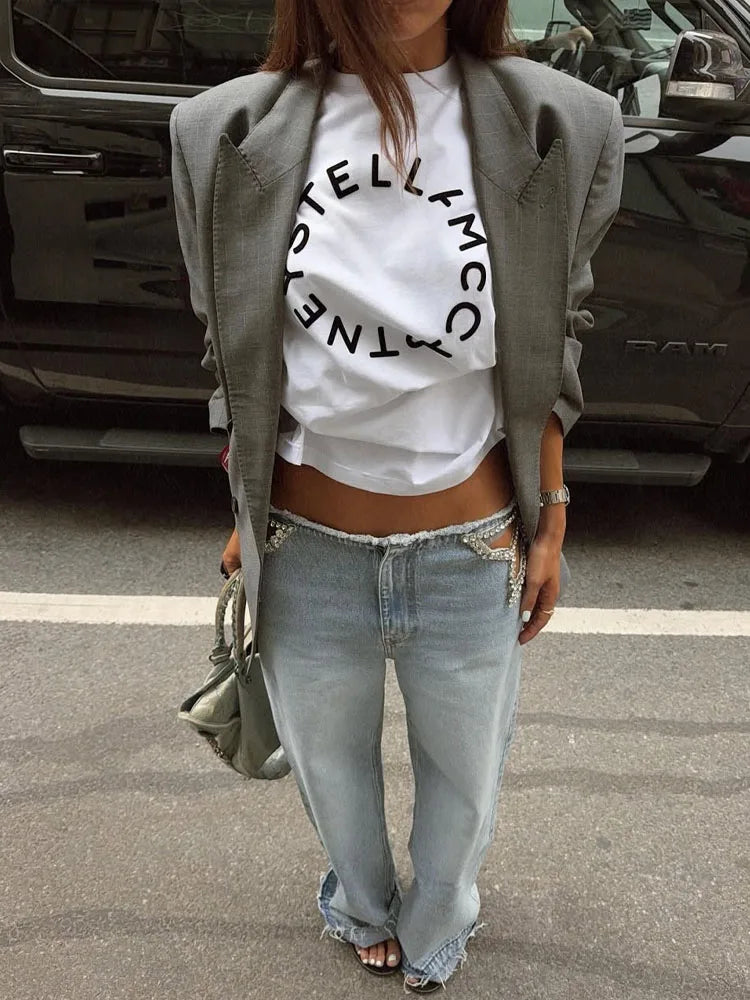 Calça Jeans Feminina Y2K Chic com Estrelas e Diamantes, Cintura Baixa, Recortes Laterais, Perna Larga Solta, Estilo Hip-Hop Streetwear Retrô Elegante