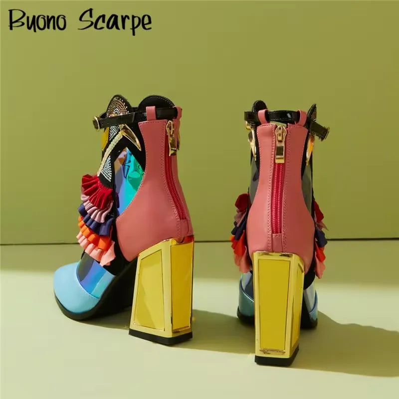 Botas femininas de cor misturada novetly dedo do pé apontado plataforma de fundo grosso botas de tornozelo feminino blingbling sapatos mujer moderna bota todos os jogos