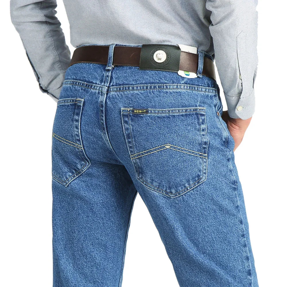 Homens de negócios jeans clássico primavera outono masculino algodão em linha reta estiramento marca denim calças verão macacão fino ajuste 2021