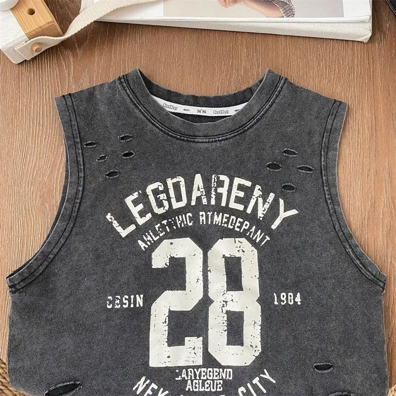 Verão bonito meninos novo preto puro algodão sem mangas perfurado camiseta estilo solto bebê crianças regata