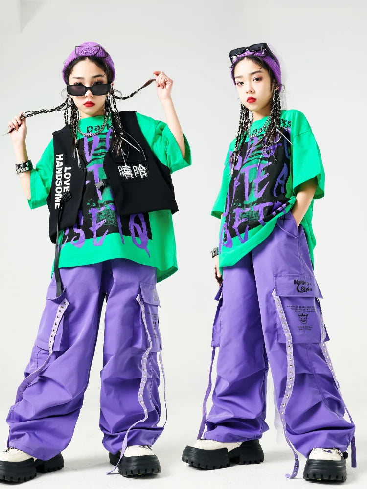 Conjunto de camiseta e calças infantis legais, trajes de jazz, Hip Hop Streetwear, roupas femininas, moda feminina, corredores de rua, colete infantil
