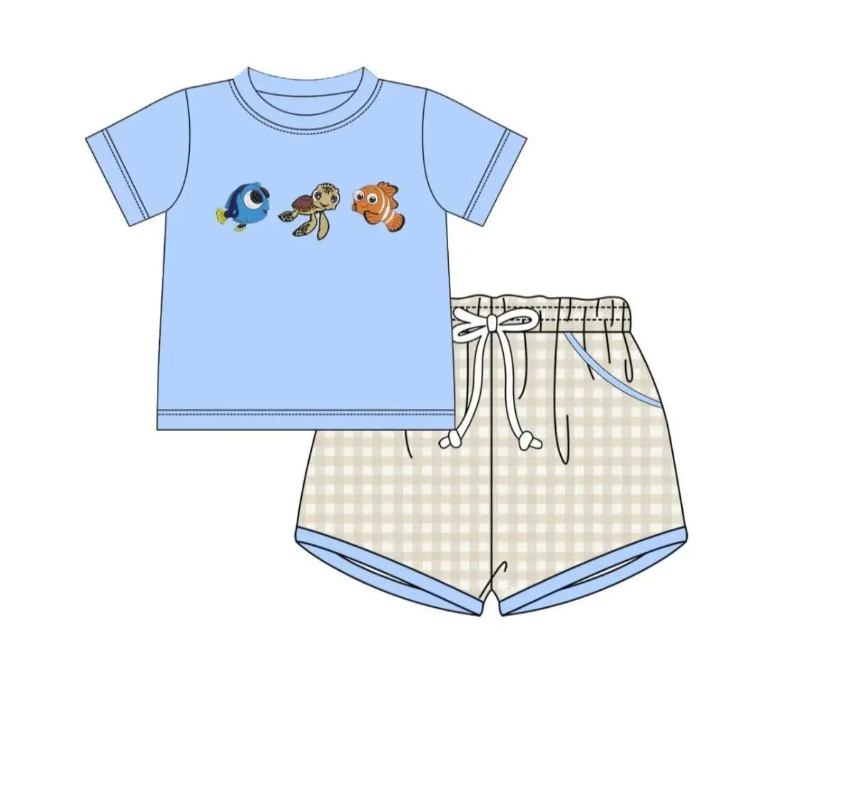 Conjunto de Roupas para Bebê em Estilo Boutique com Estampa de Peixes em Xadrez Verde para Meninos e Meninas