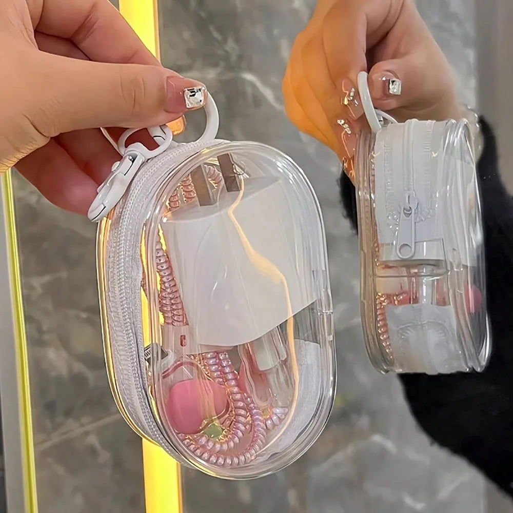 Mini saco de armazenamento com zíper transparente, chaveiro portátil, boneca de desenho animado, organizador de brinquedos para fones de ouvido, carregadores, cabo de dados, sacos de presente