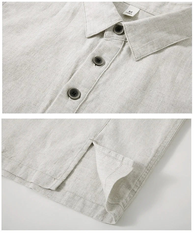 Camisa de Linho Pura de Manga Longa para Homens, Camiseta Leve e Respirável, Conjunto de Calças Casuais de Linho para Primavera e Outono