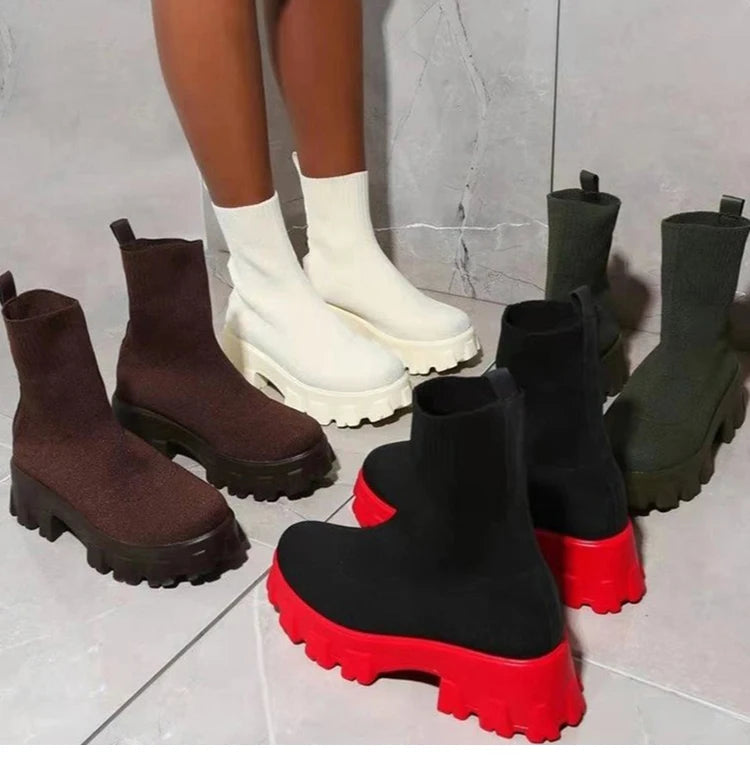 Botas femininas botas de plataforma elástica respirável primavera verão saltos botas mujer deslizamento em botas de tornozelo mulher elegante sapatos de salto