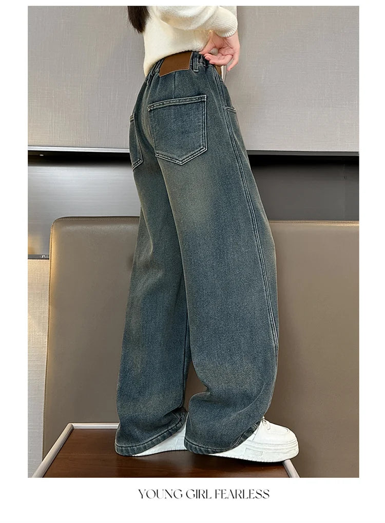 Crianças casuais solto em linha reta ajuste jeans para meninas perna larga legal calças jeans crianças adolescente primavera cintura elástica calças jeans