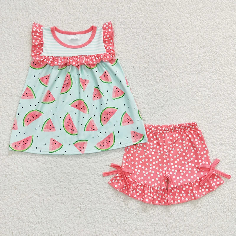 Bebê meninas boutique verão frutas roupas melancia vermelho camisa rosa dot plissado shorts atacado crianças roupas conjunto criança roupa