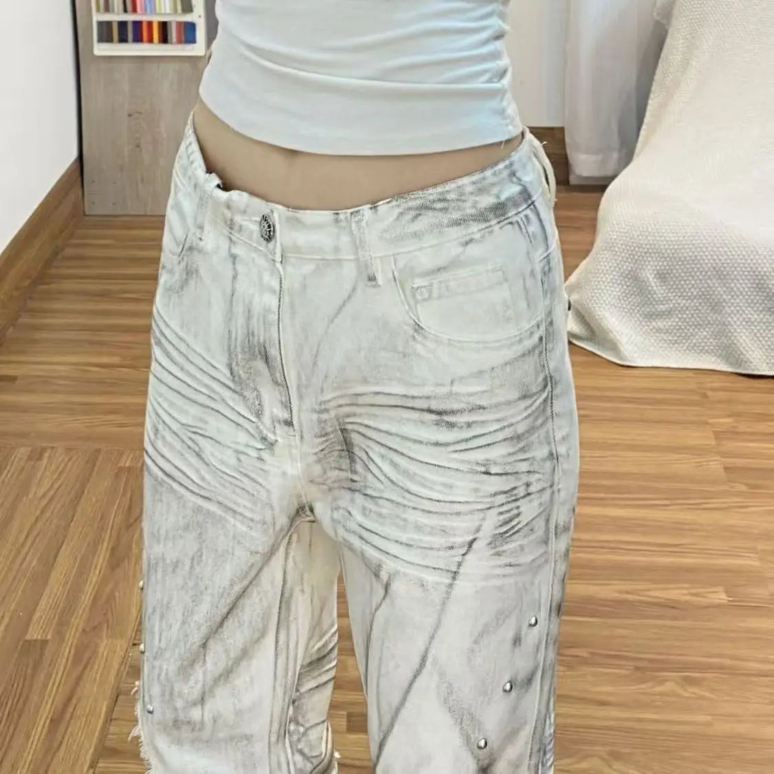 Calças Femininas Americanas Retrô Hot Girl Tie-Dye de Cintura Alta Boca de Sino Slim Rasgadas Novas de Outono e Inverno Lavadas Casuais