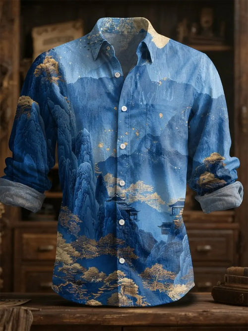 2025 primavera/verão moda masculina linho manga longa camisa de linho, impressão elegante, design de flor requintado