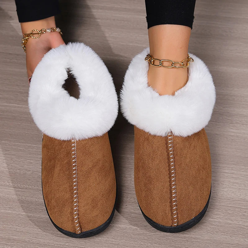 Inverno quente interior flurry chinelos feminino camurça do falso dedo do pé fechado casal chinelos mulher conforto sola macia casa slides mujer