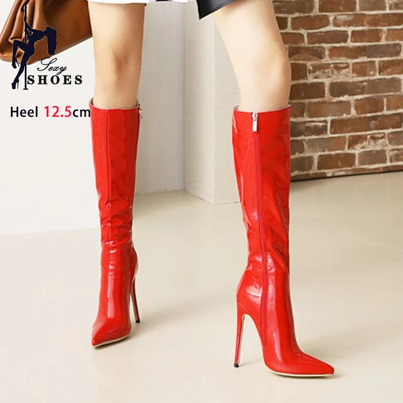 Senhoras elegantes botas longas 2024 clube festa saltos stiletto moda feminina joelho-botas altas inverno curto pelúcia apontou toe sapatos vermelhos
