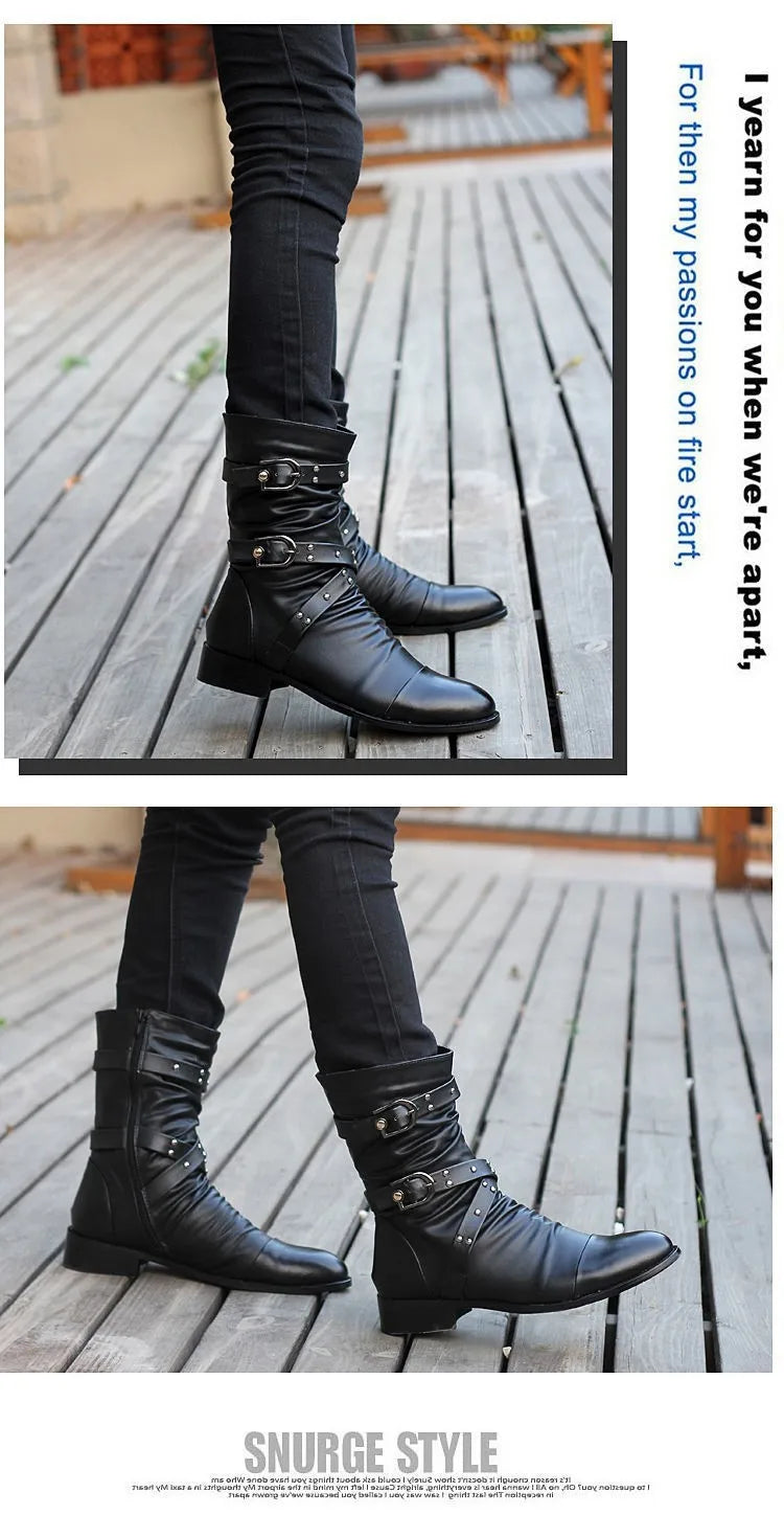 Inverno apontou toe botas de cano médio masculino fivela cinta chelsea bota para homens de couro botas de motocicleta alta superior homem sapato de inverno