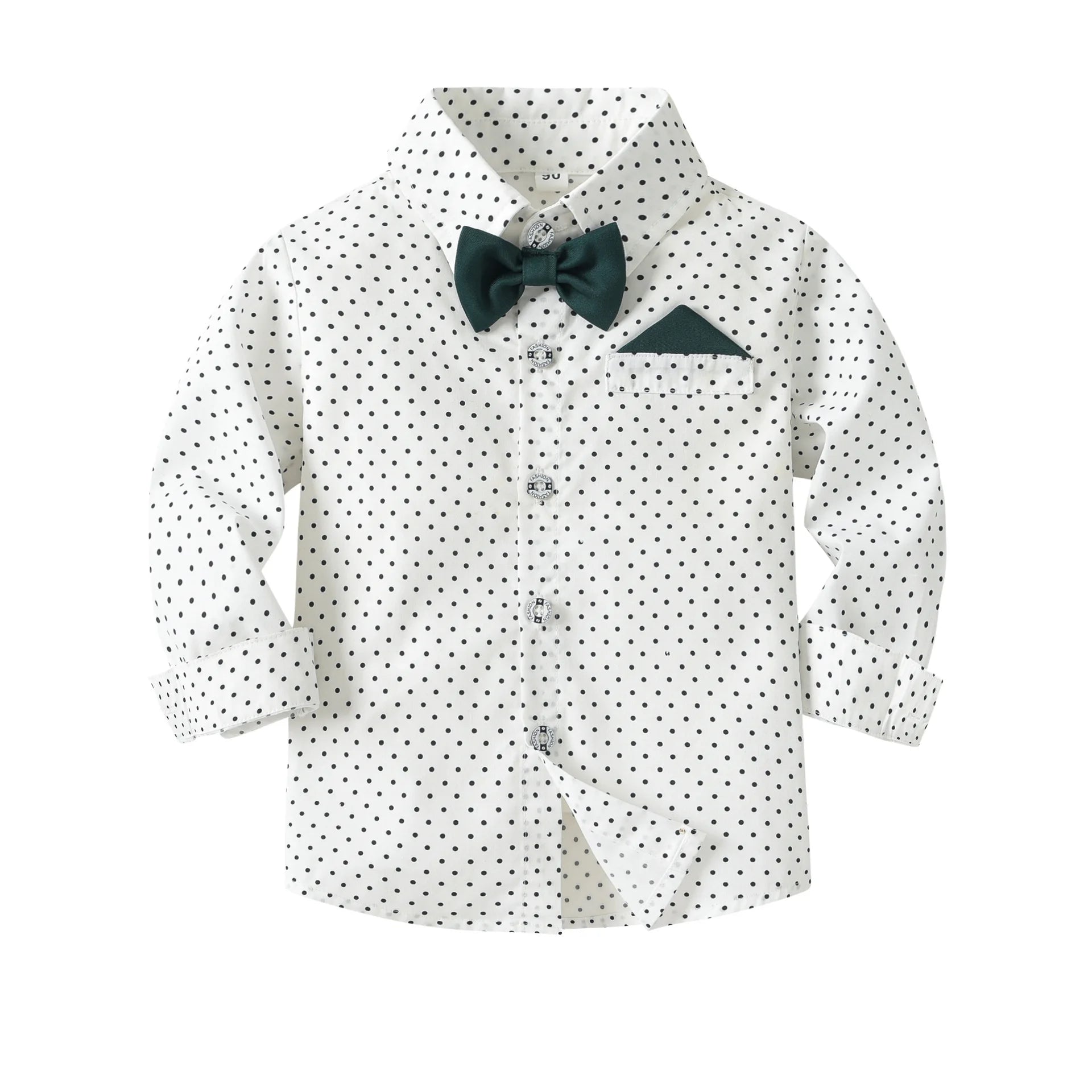 Camisa estampada às bolinhas com calças sólidas para meninos, conjunto de arco suspensor infantil, roupa de cavalheiro, traje de aniversário, 2 a 6 anos, primavera