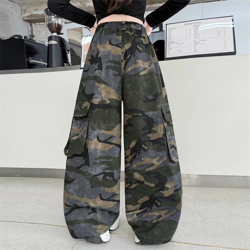 Crianças baggy camuflagem calças de carga com bolso para a menina streetwear y2k camo calças crianças harajuku coreano hip hop sweatpants