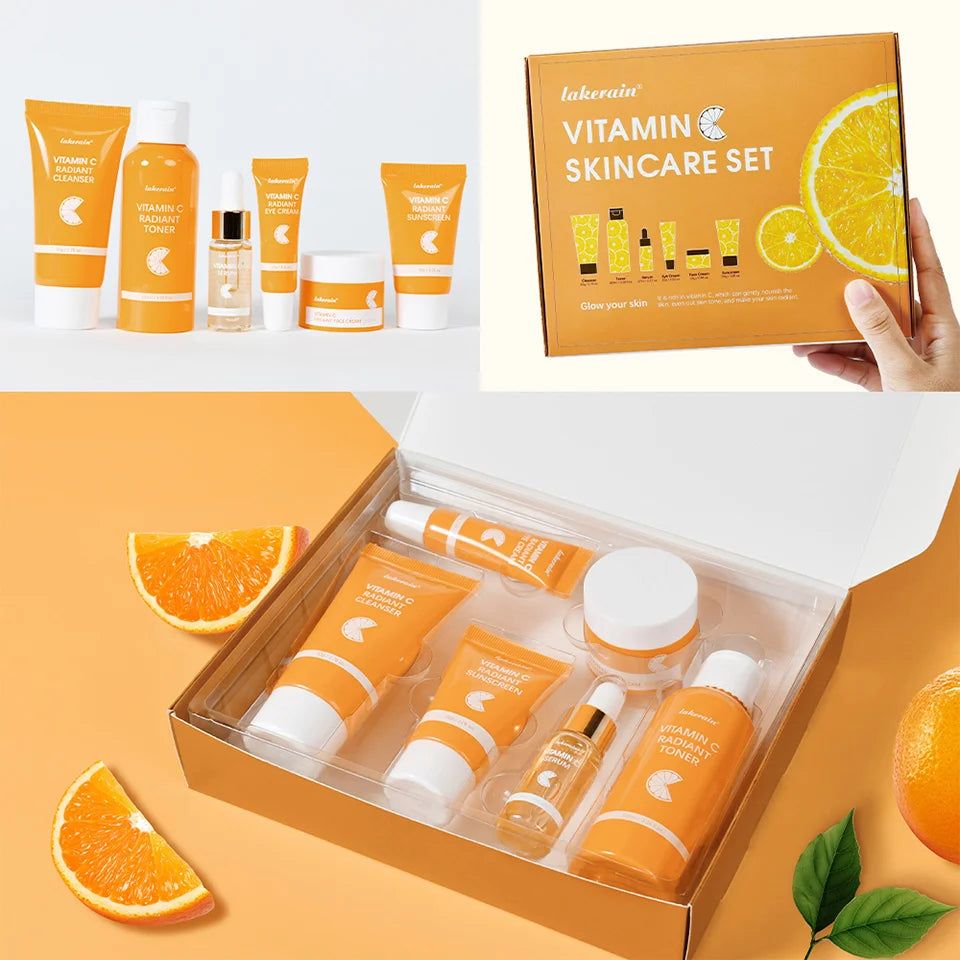 Lakerain vitamina c conjunto de cuidados com a pele 6 pçs kit creme de clareamento manchas escuras soro círculo escuro olho hidratante facial kits de clareamento