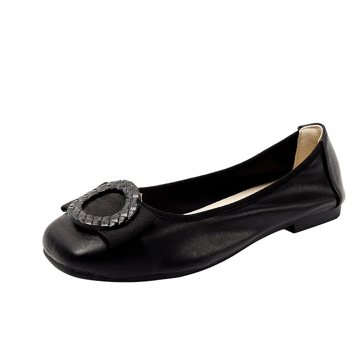 Sapatilhas de couro feminino, bombas de dedo do pé redondo, mocassins senhora do escritório, doce bowknot, sola macia, plus size, 43, 44