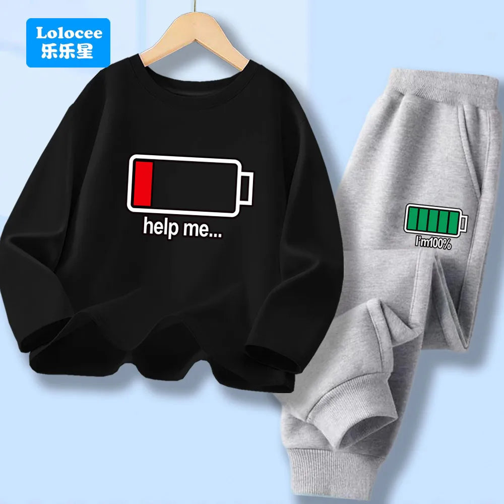 Outono criança menino manga longa 2 pçs conjunto de roupas crianças engraçado bateria carta impressa camiseta pulôver topo e calças fatos de treino dcw1