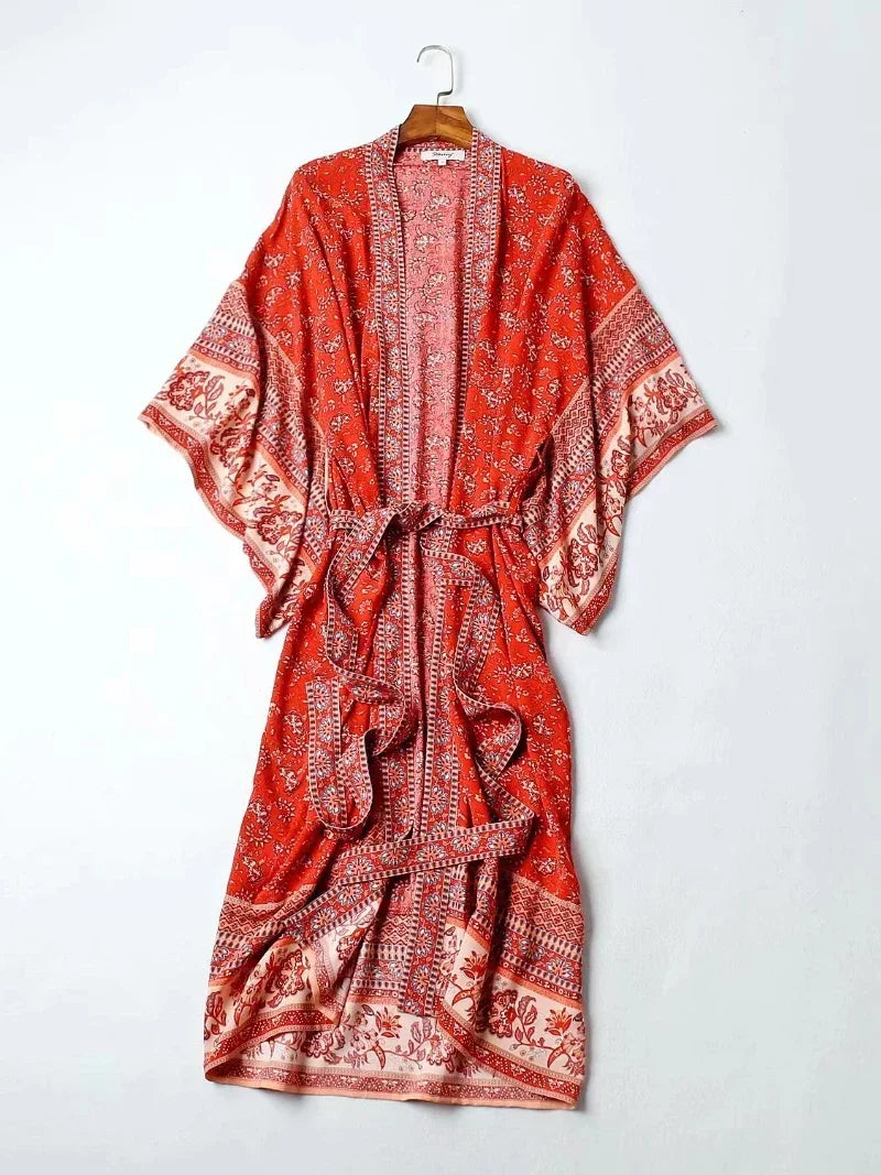 Vintage chique feminino floral impressão batwing manga praia boêmio quimono vestido senhoras com decote em v verão boho robe cover-ups vestidos